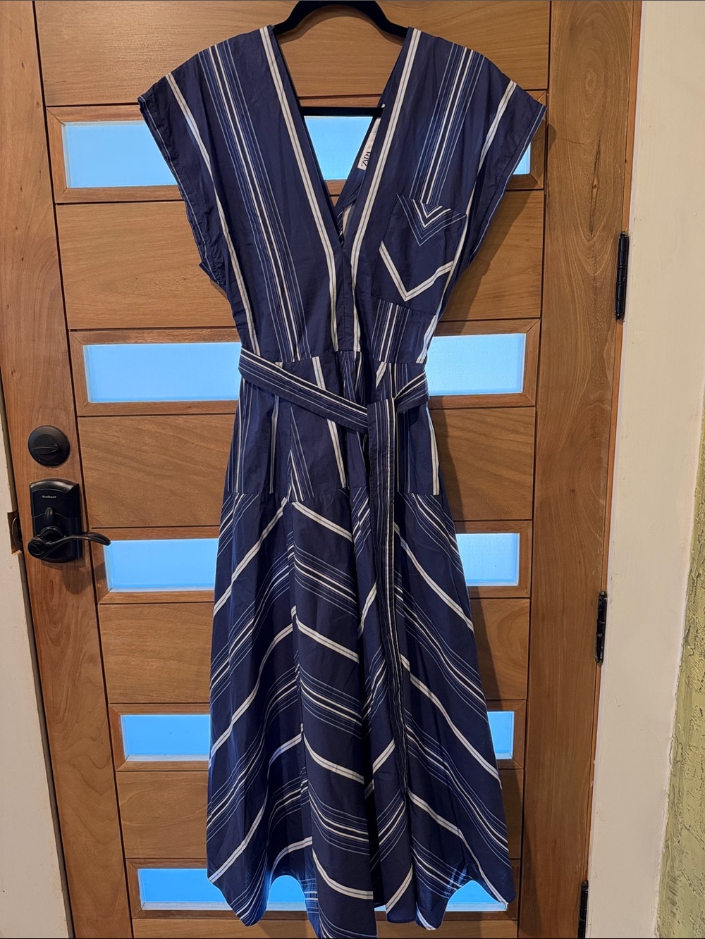 Zara Navy and White Striped Midi Dress with Tie Waist